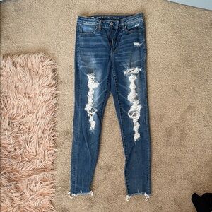 American Eagle Outfitters Blue Skinny Jeans with Distressed Details